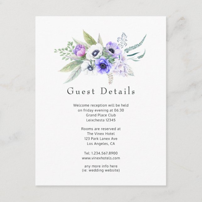Pastel Violet Floral Wedding Guest Details Begleitkarte (Vorderseite)