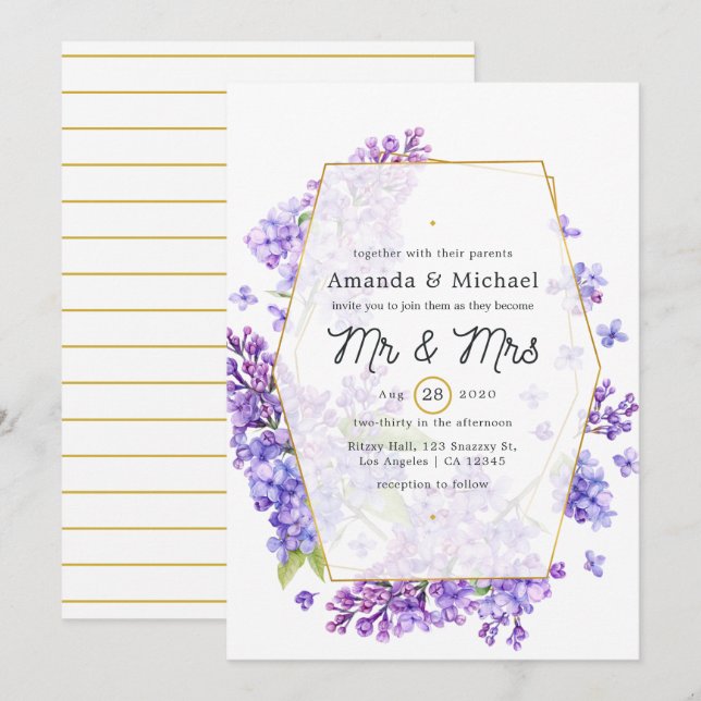 Pastel Violet und Gold Geometric Herbarium Hochzei Einladung (Vorne/Hinten)