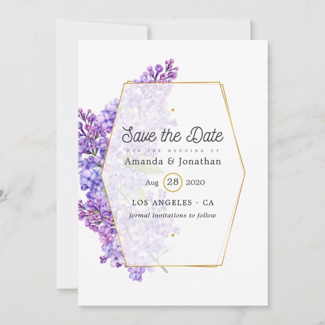 Pastel Violet und Gold Geometric Herbarium Hochzei Save The Date (Vorderseite)
