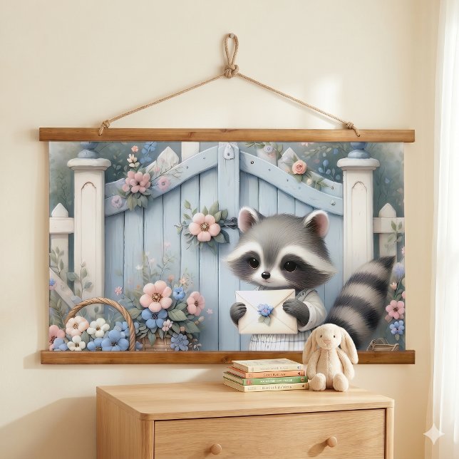 Pastel-Waschbär-Briefgarten Wandteppich Mit Holzrahmen (Pastel Raccoon Letter Garden Hanging Tapestry)