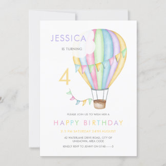 Pastel Wasserfarbe Heißluftballon Kind Geburtstag Einladung