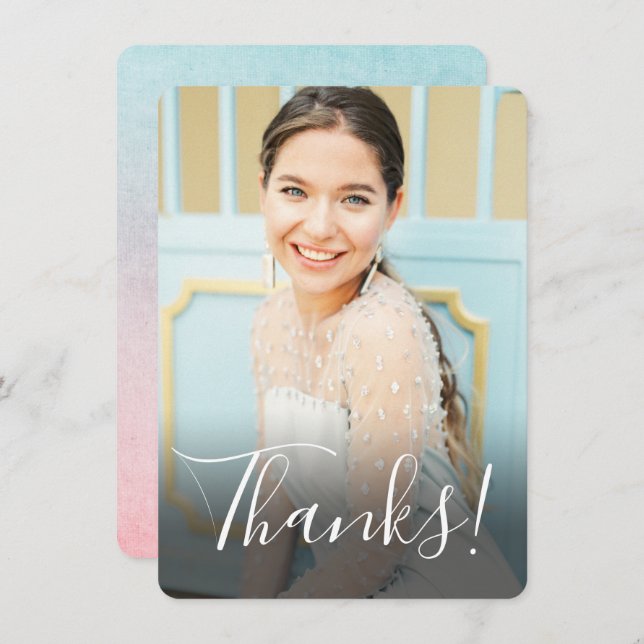 Pastel Wasserfarbe Zurück Foto Aqua Dankeskarte (Vorne/Hinten)