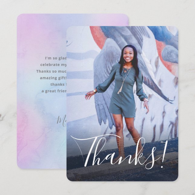 Pastel Wasserfarbe Zurück Volles Foto Lila Dankeskarte (Vorne/Hinten)