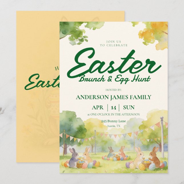 Pastel-Wasserfarben-Hasen-Oster-Eier-Suche-Frühstü Einladung (Vorne/Hinten)
