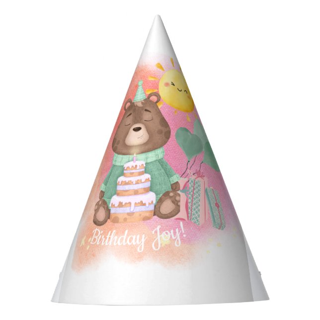 Pastel Watercolor Bear Birthday Hat Partyhütchen (Vorderseite)