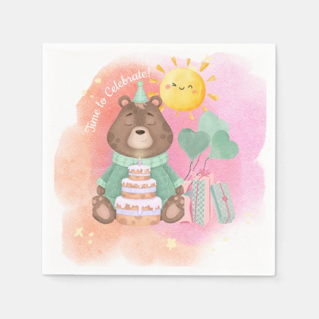 Pastel Watercolor Bear Birthday Napkin Serviette (Vorderseite)