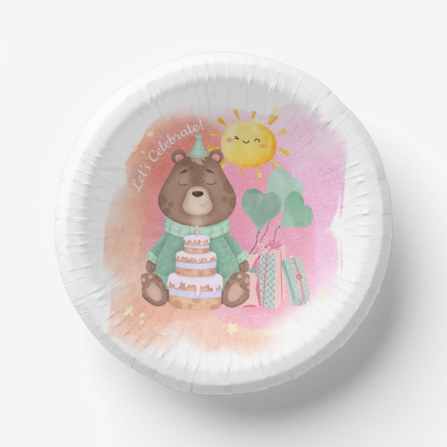 Pastel Watercolor Bear Birthday Party Plate Pappteller (Vorderseite)