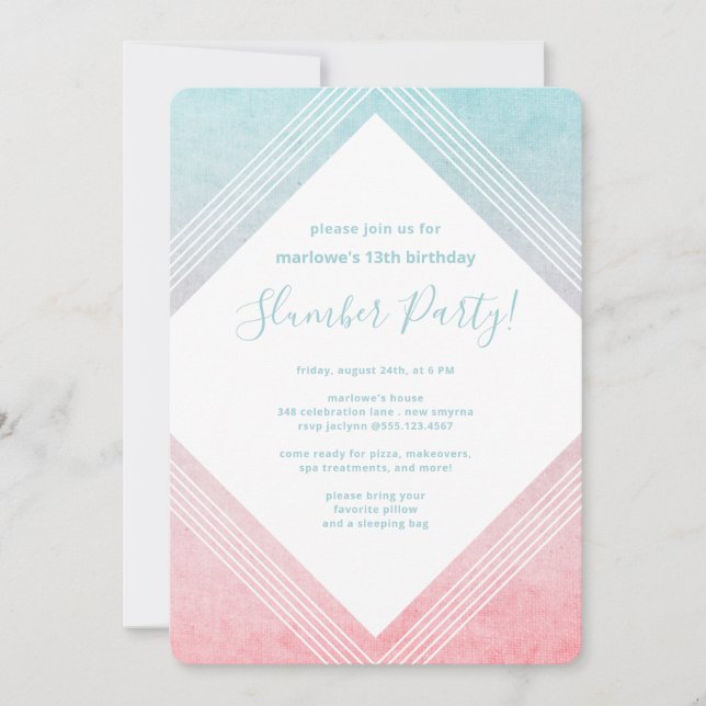 Pastel Watercolor Birthday Slumber Party Aqua Einladung (Vorderseite)