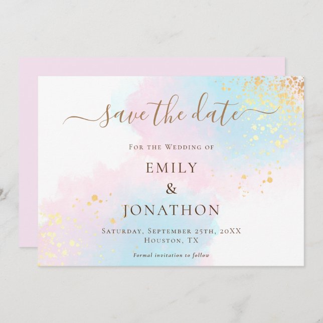 Pastel Watercolor Blue Gold Pink Wedding Save The Date (Vorne/Hinten)