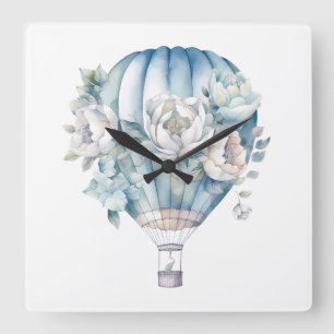PASTEL WATERCOLOR BLUE WHITE HOT AIR BALLOONS QUADRATISCHE WANDUHR