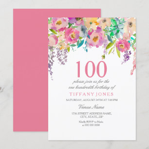 Pastel Watercolor Blume 100. Geburtstagsparty Einladung