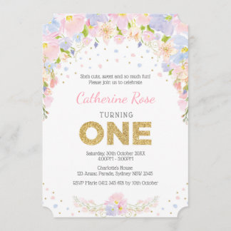 Pastel Watercolor Blume Erster Geburtstag Einladun Einladung