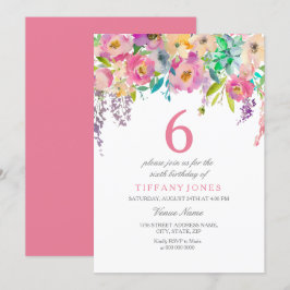Pastel Watercolor Blume Girls 6. Geburtstagsparty Einladung