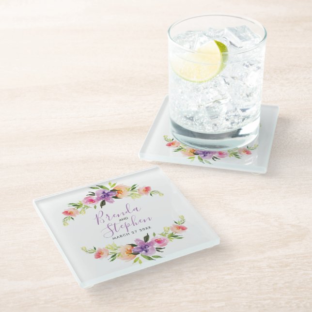 Pastel Watercolor Blume Hochzeitskranz Glasuntersetzer (Schrägansicht)