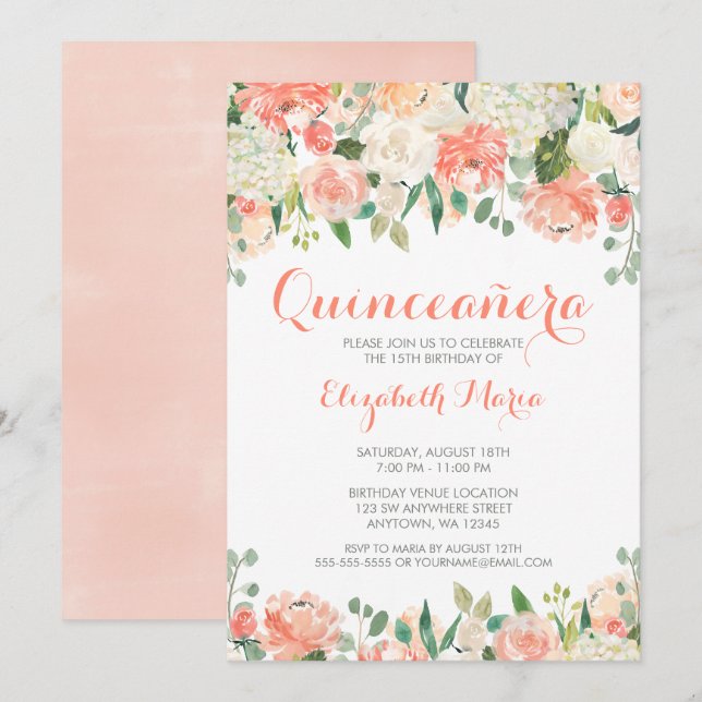 Pastel Watercolor Blume Quinceañera Einladung (Vorne/Hinten)