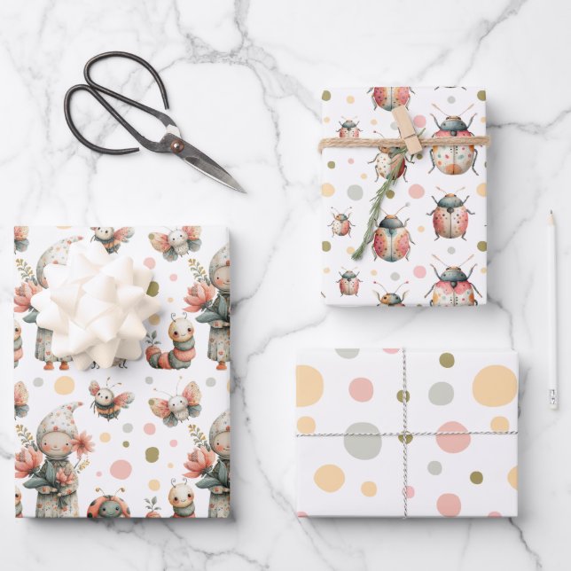Pastel Watercolor Bugs Insect Muster Whimsical Geschenkpapier Set (Vorderseite)