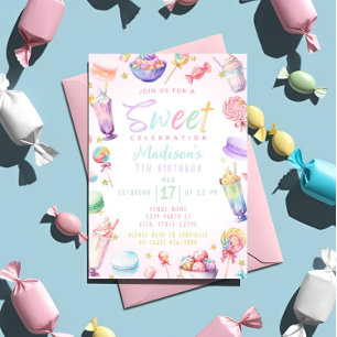 Pastel Watercolor Candy Land Birthday Party Thema Einladung