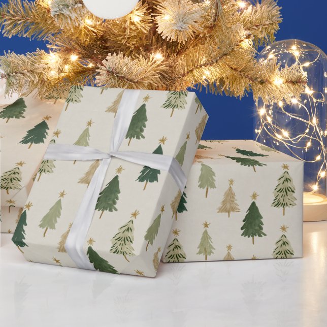 Pastel Watercolor Christmas Trees Wrapping Paper Geschenkpapier (Feiertage)