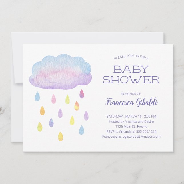 Pastel Watercolor Cloud Raindrops Baby Dusche Einladung (Vorderseite)