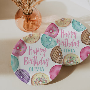 Pastel Watercolor Donut Personalisiert Geburtstag Pappteller