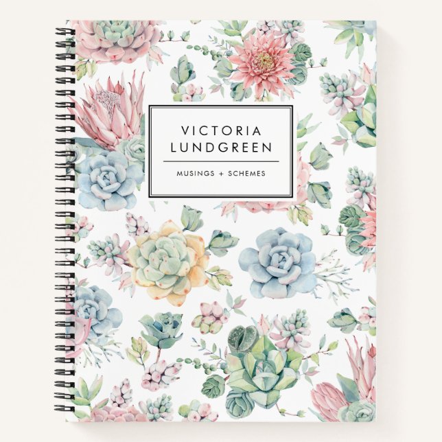 Pastel Watercolor Echievera Succulents Pattern Notizbuch (Vorderseite)