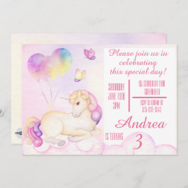 Pastel Watercolor Einhorn und Balloons Geburtstag Einladung