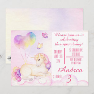 Pastel Watercolor Einhorn und Balloons Geburtstag Einladung