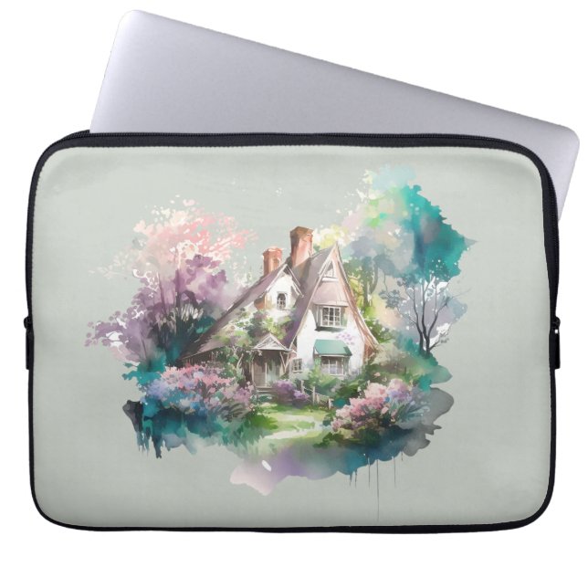 Pastel Watercolor Englische Hütte Laptopschutzhülle (Vorderseite)