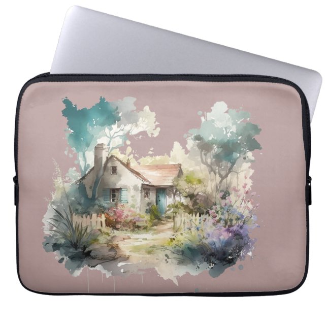 Pastel Watercolor Englische Hütte Laptopschutzhülle (Vorderseite)