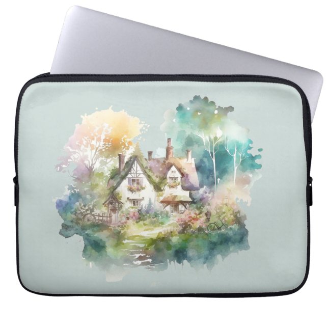 Pastel Watercolor Englische Hütte Laptopschutzhülle (Vorderseite)