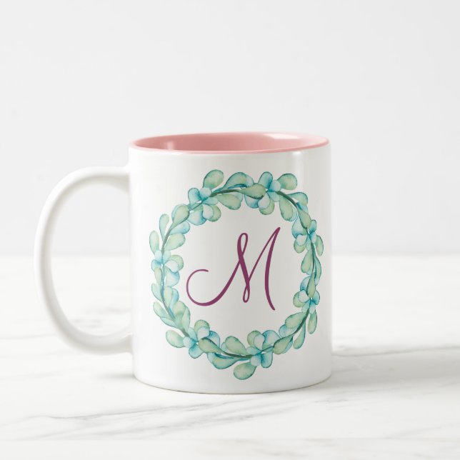 Pastel Watercolor Eucalyptus Wreath Monogram Zweifarbige Tasse (Links)