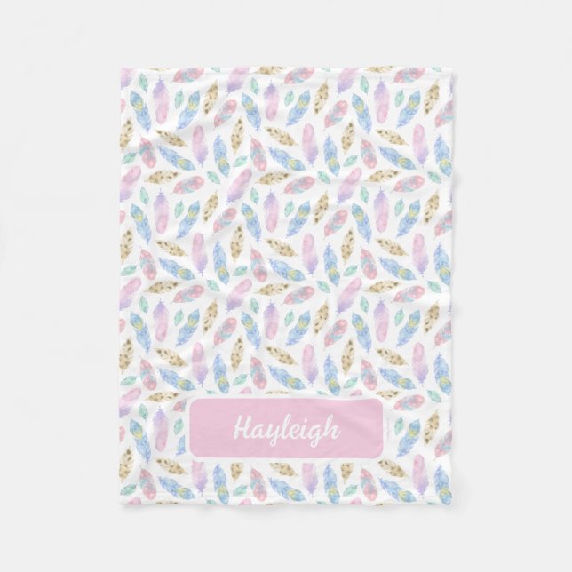 Pastel Watercolor Feathers Personalisiert Fleecedecke (Vorderseite)