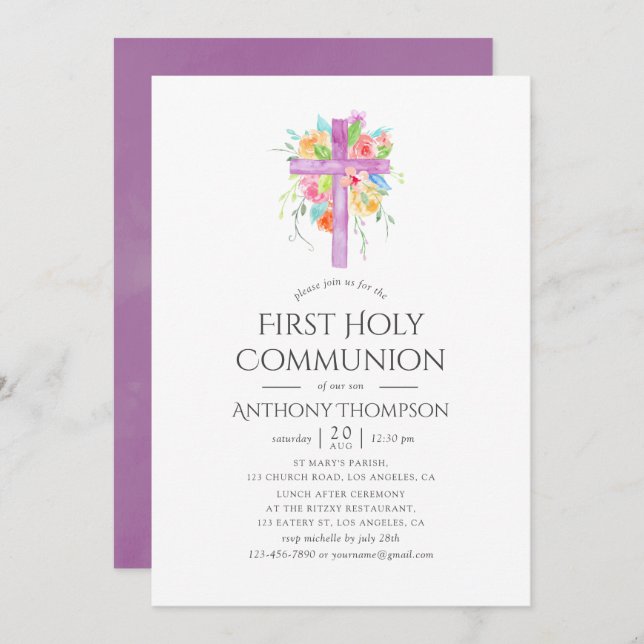 Pastel Watercolor Floral First Heilige Kommune Einladung (Vorne/Hinten)