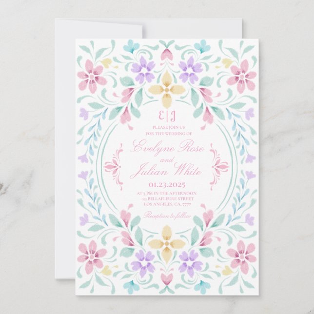 Pastel Watercolor Floral Wedding Einladung (Vorderseite)