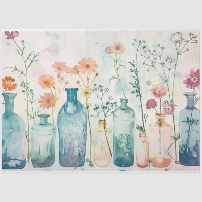 Pastel Watercolor Florals in Flaschen Decoupage Seidenpapier (Vorderseite)