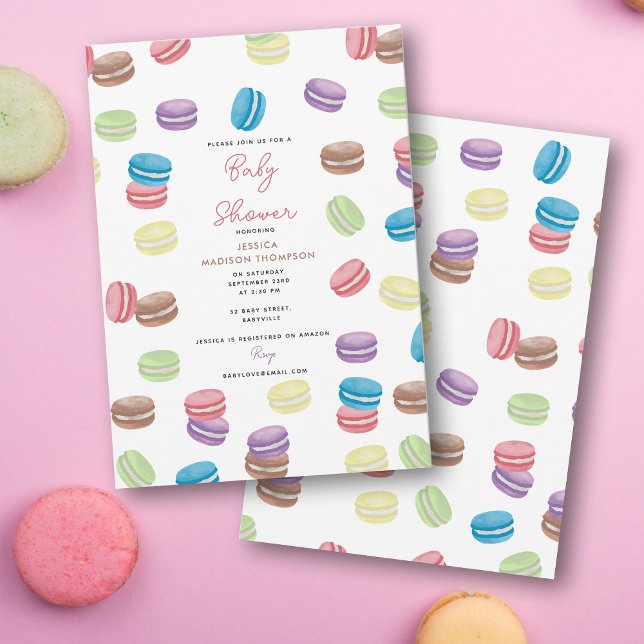Pastel Watercolor French Macarons Babydusche Einladung (Pastel Watercolor French Macarons Baby Shower Invitation)