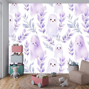 Pastel Watercolor Ghost und Blätter Nahtloses Desi Tapete