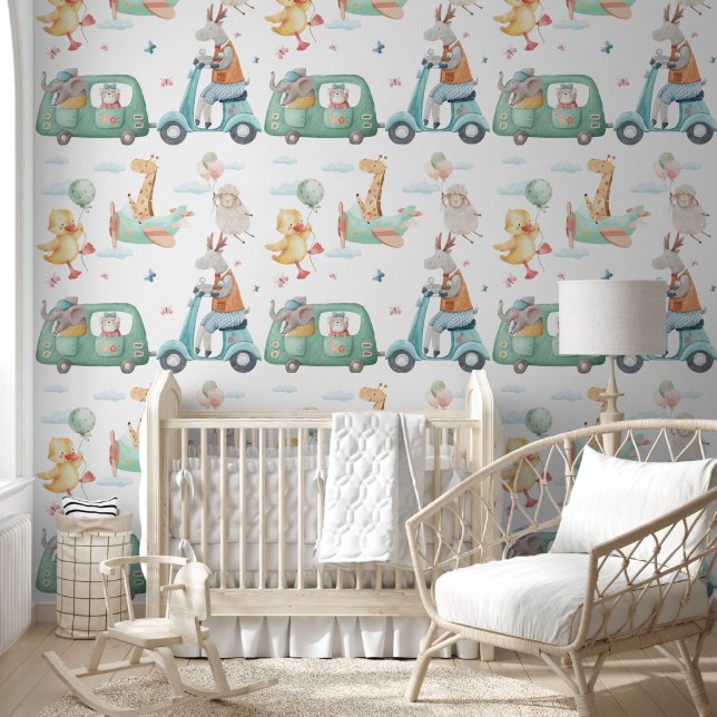 Pastel Watercolor Giraffe Airplane Nursery Tapete (Kinder)