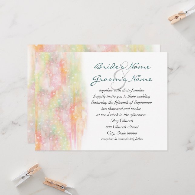 Pastel Watercolor Hearts Wedding Invites Einladung (Vorderseite/Rückseite Beispiel)