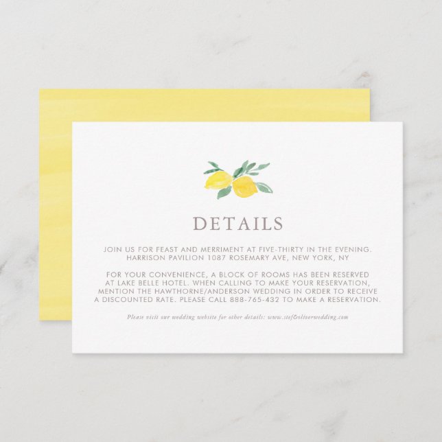 Pastel Watercolor Lemon Sommer Hochzeiten Details Begleitkarte (Vorne/Hinten)