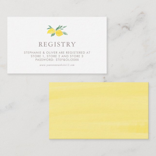 Pastel Watercolor Lemon Summer Wedding Registry Begleitkarte (Vorne/Hinten)