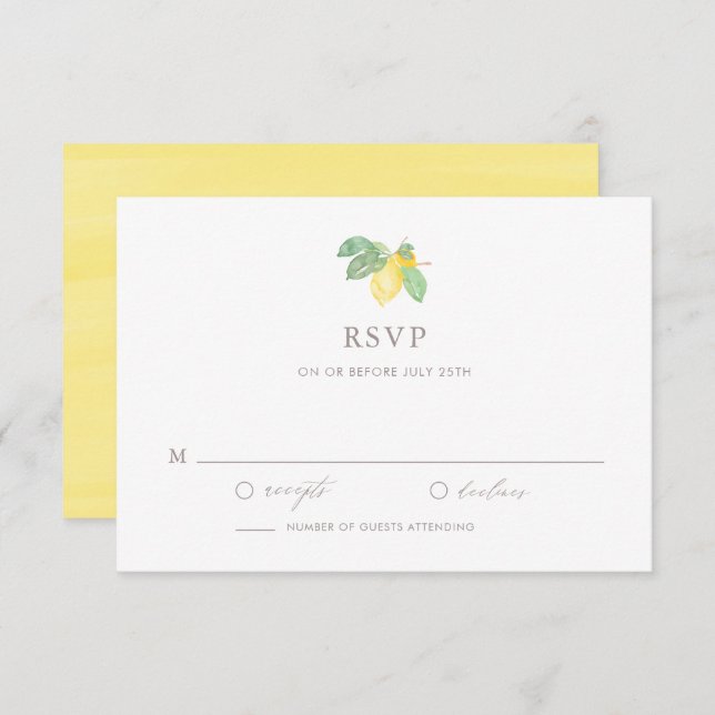 Pastel Watercolor Lemon Tree Summer Wedding RSVP Karte (Vorne/Hinten)