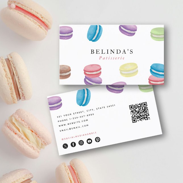 Pastel Watercolor Macarons Pastry Koch QR Code Visitenkarte (Pastel Watercolor Macarons Pastry Chef QR Code Business Card)