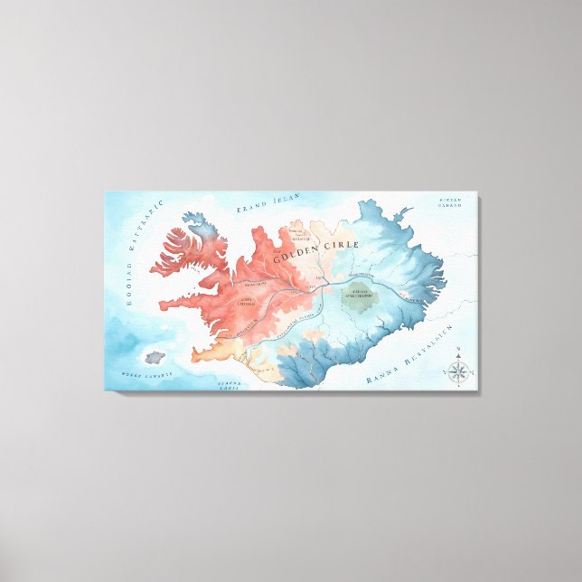 Pastel Watercolor Map of Iceland's Golden Circle  Leinwanddruck (Vorderseite)
