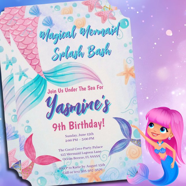 Pastel Watercolor Mermaid Birthday Einladung (Mermaid Birthday Invite)