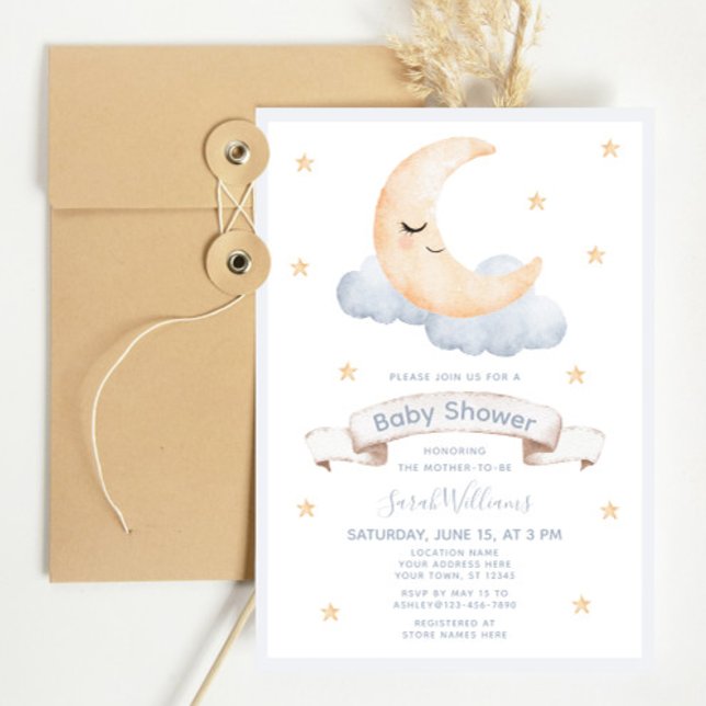 Pastel Watercolor Moon & Stars Script Kinderdusche Einladung (Baby Shower Invitation!)