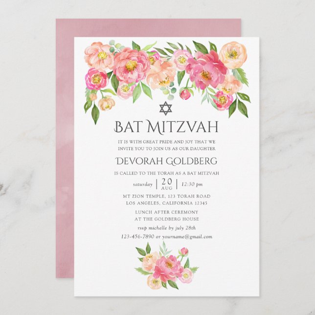 Pastel Watercolor Peonies Bat Mitzvah Einladung (Vorne/Hinten)