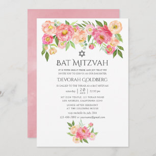 Pastel Watercolor Peonies Bat Mitzvah Einladung