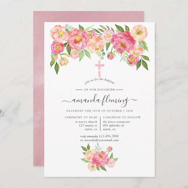 Pastel Watercolor Peonies Taufe oder Weihnachten Einladung (Vorne/Hinten)