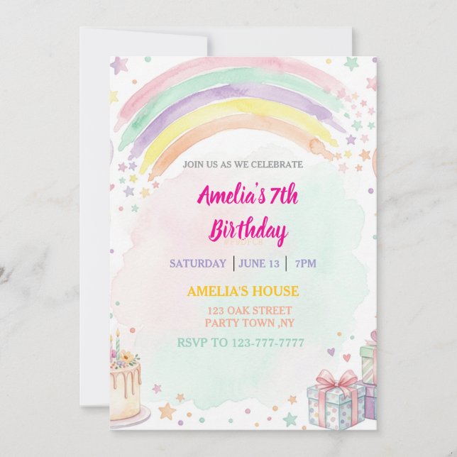Pastel Watercolor Rainbow Birthday Einladung (Vorderseite)